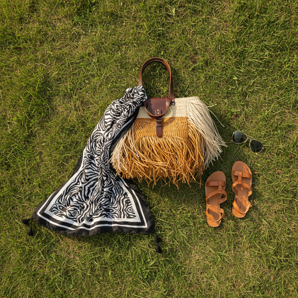 Woven handbag with fringes, black and white patterned scarf, brown sandals, and sunglasses on grass