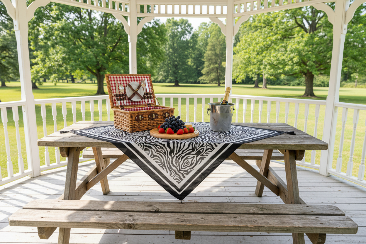 Wooden picnic table with a checkered picnic basket, blanket, and fruit on a porch with a green lawn and trees in the background.