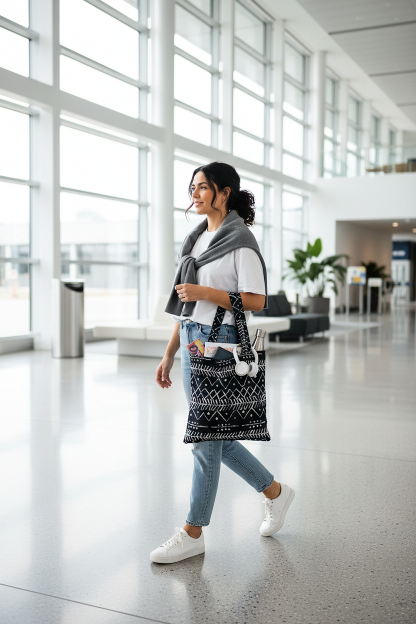 Woman walking through an airport terminal with a patterned bag
