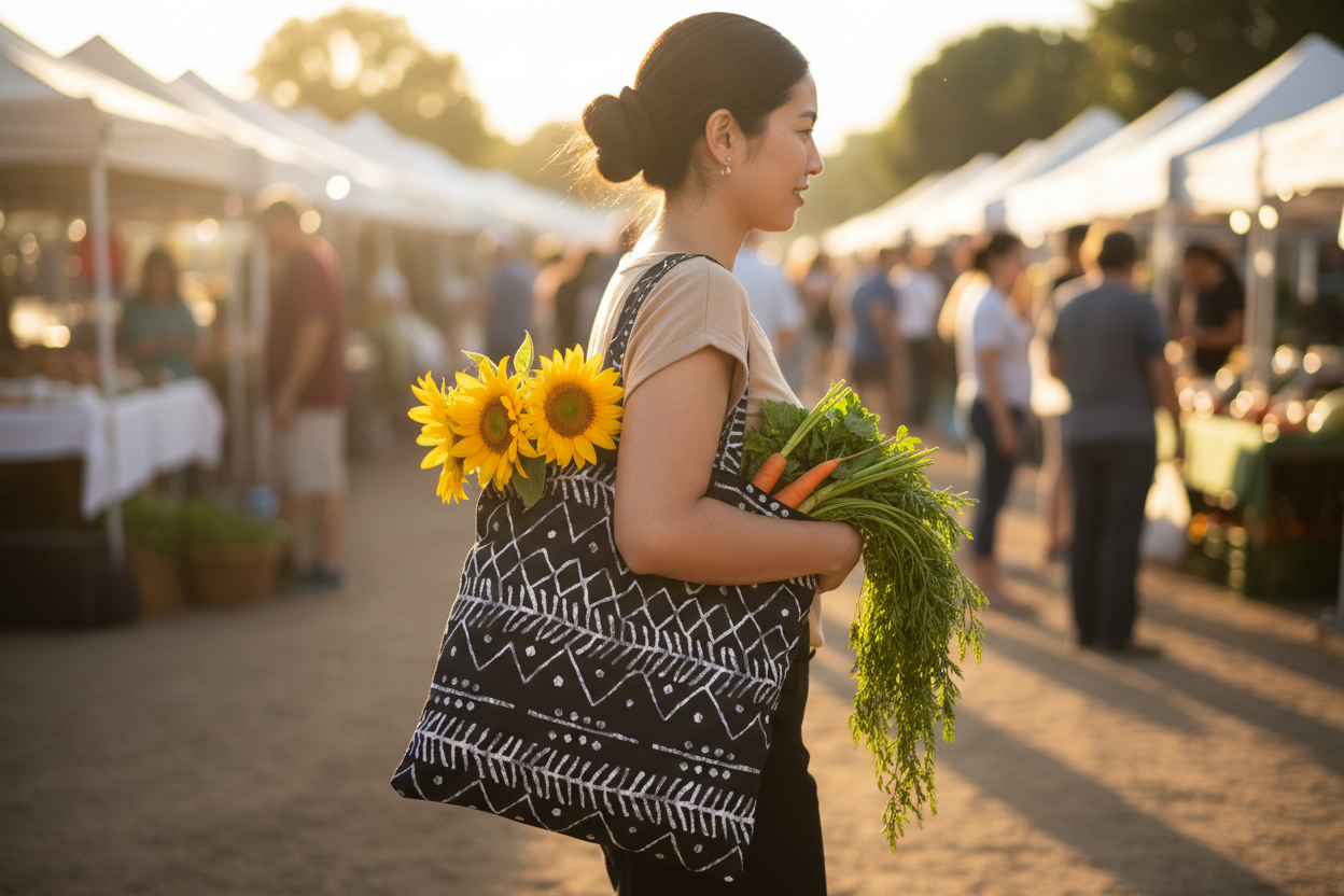 Woman holding sunflowers and vegetables at an outdoor market.