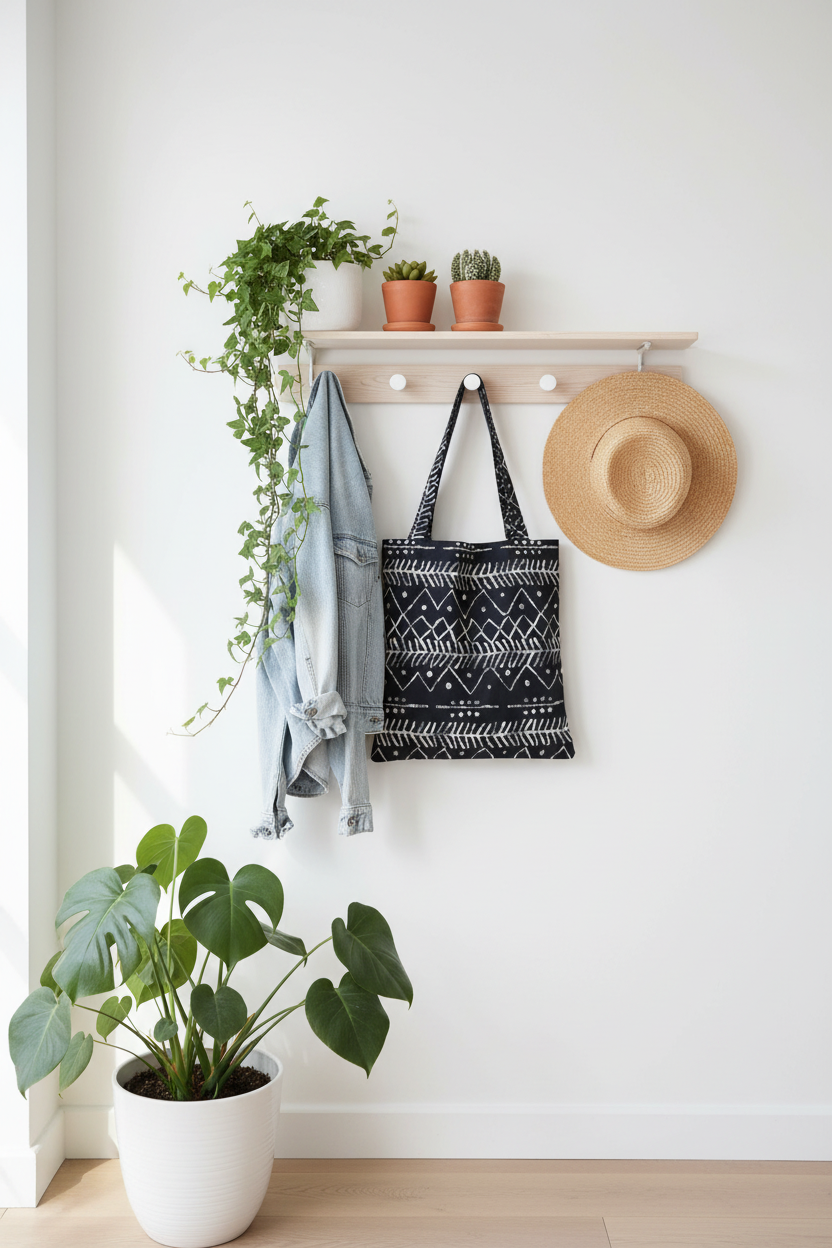 Entryway with a shelf holding plants, a bag, and a hat, with a plant on the floor.