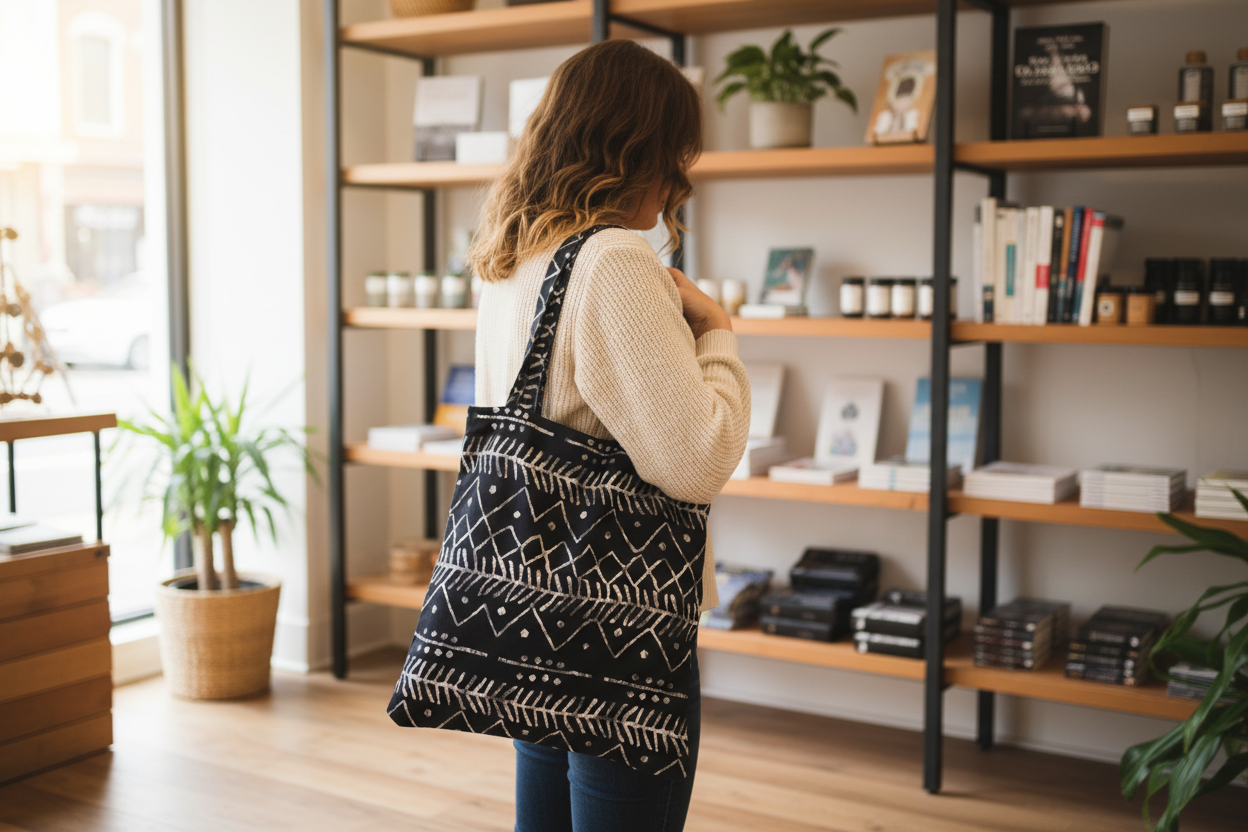 Woman holding a patterned bag in a store with shelves and plants.